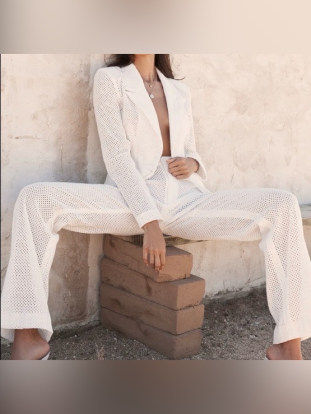 House of CB Broderie Anglaise Open Knit Tailored Blazer & Trousers Set.  SIZE S
